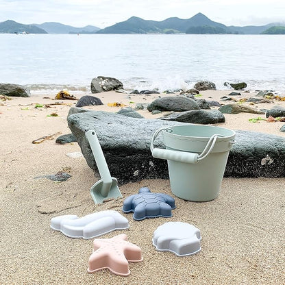 BLUE GINKGO Silicone Beach Toys - Modern Baby | Travel Friendly Set Bucket, Shovel, 4 Sand Molds, Bag for Toddlers, Kids Green