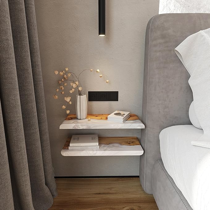 RWA Live Edge Floating Shelf – Unique Wood Floating Shelf for Wall Decor, Living Room, Bedroom, or Bathroom – Stylish Decorative Wall Shelves for Home & Office (Platinum, 24x7)
