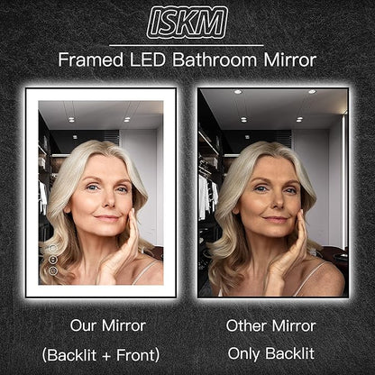 ISKM Framed LED Mirror for Bathroom 55"x30", Dimmable LED Bathroom Mirror with Lights, Anti-Fog, Front and Backlit Lighted Mirror 3-Colors, Shatterproof, Memory Function