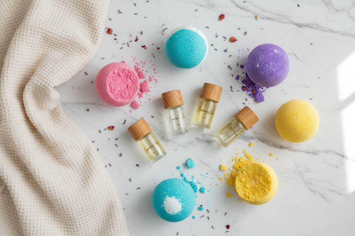A flat lay of colorful bath bombs, essential oils, and a soft towel on a marble countertop.