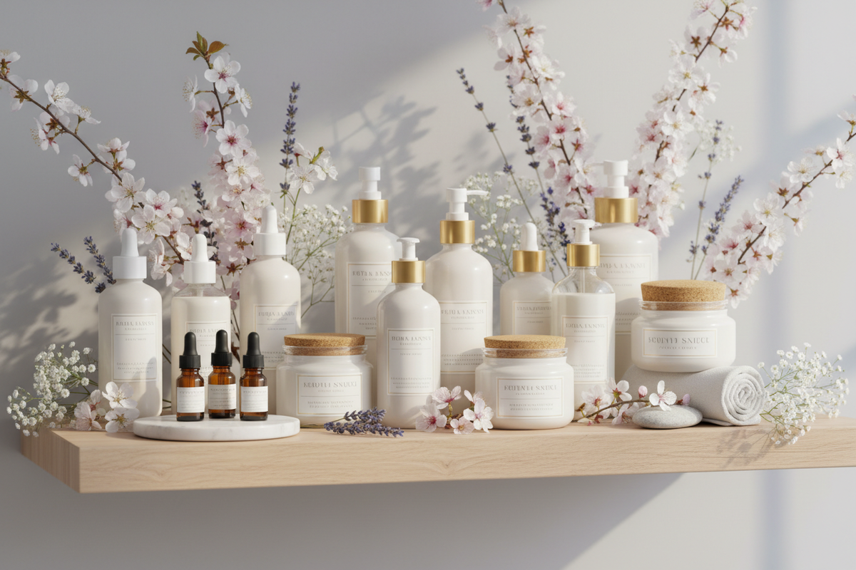 A neatly arranged shelf of body lotions, scrubs, and essential oils with gentle lighting, accompanied by small flowers for a “bloom” effect.