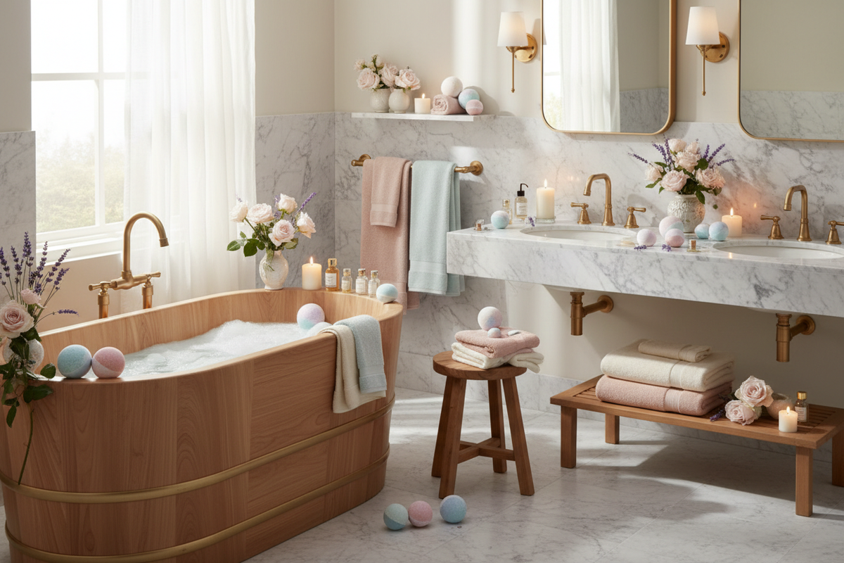 A serene bathroom scene with a wooden bathtub or a marble sink, surrounded by bath bombs, essential oils, candles, and plush towels. Soft, pastel colors like blush pink, lavender, or soft blue to evoke relaxation. Include subtle flowers (like roses or lavender sprigs) for a “bloom” touch.