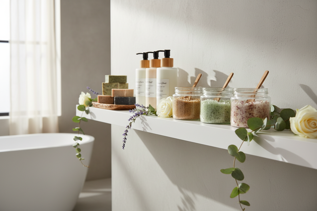 A serene bathroom shelf with body lotions, scrubs, and natural soaps arranged elegantly, with soft flowers around.