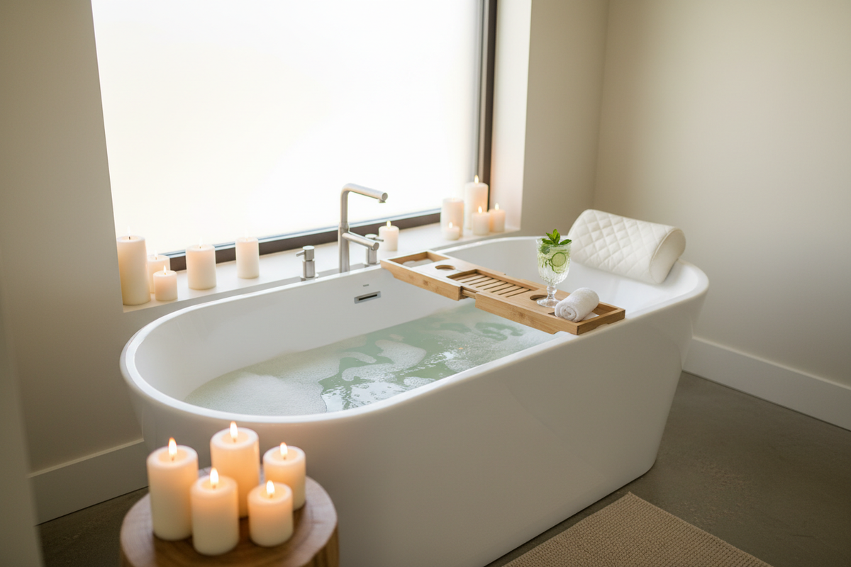 Image Idea: A relaxing bathtub scene with lit candles, a bath pillow, and a glass of infused water nearby.