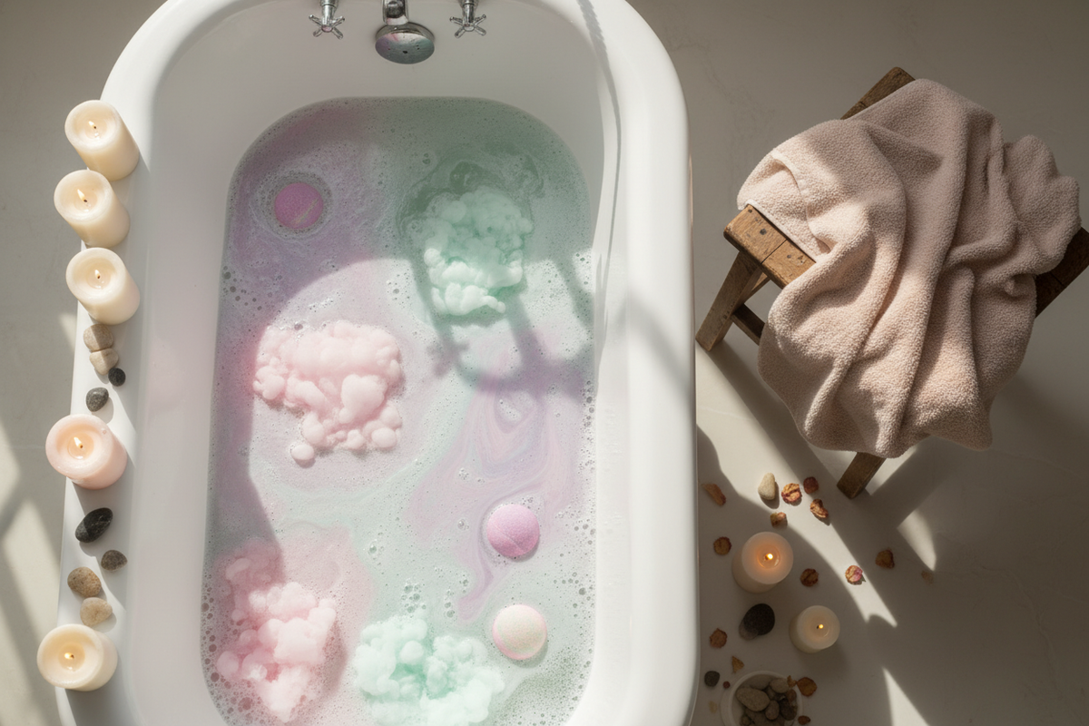 Image Idea: A soft, pastel bathtub scene with fizzing bath bombs, candles, and a plush towel, captured from a top-down or angled perspective.