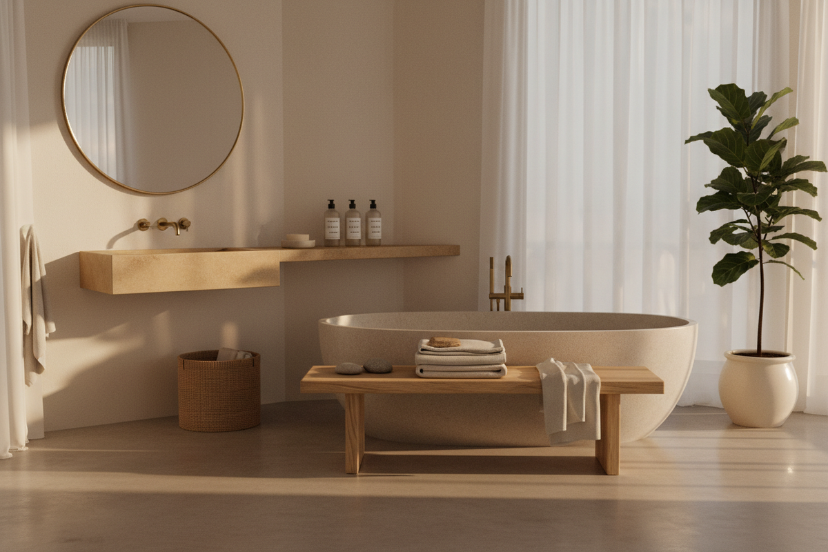 Minimalist yet luxurious, spa-inspired, with warm natural lighting.