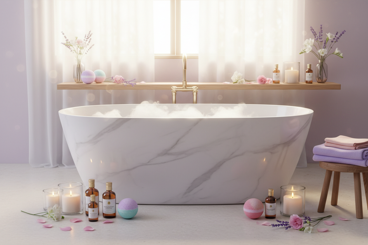 Visual Concept: A serene bathroom scene with soft, pastel colors (lavender, blush pink, light blue) featuring a wooden or marble bathtub, bath bombs, essential oils, candles, and plush towels. Include small flowers or petals scattered around for a “bloom” feel.

Style: Minimalist, spa-inspired, natural lighting, soft focus for a calming effect.
